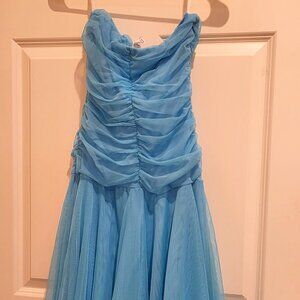 Ynes vintage strapless blue tulle midi dress with handkerchief hem size M